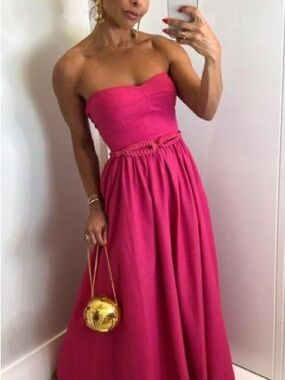 Strapless Hot Pink Maxi Dress with Braided Waist - Brazilian Brand